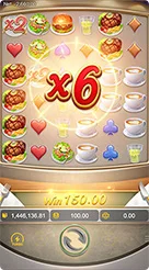 Diner Delights · Verifikasi angka saldo dan nilai taruhan pada tiga kotak informasi di bawah grid.